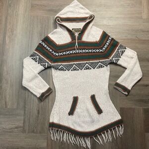 Vintage Fashion Forum Alpaca Blend Baja Hooded Fringe Sweater Womens XS Cream